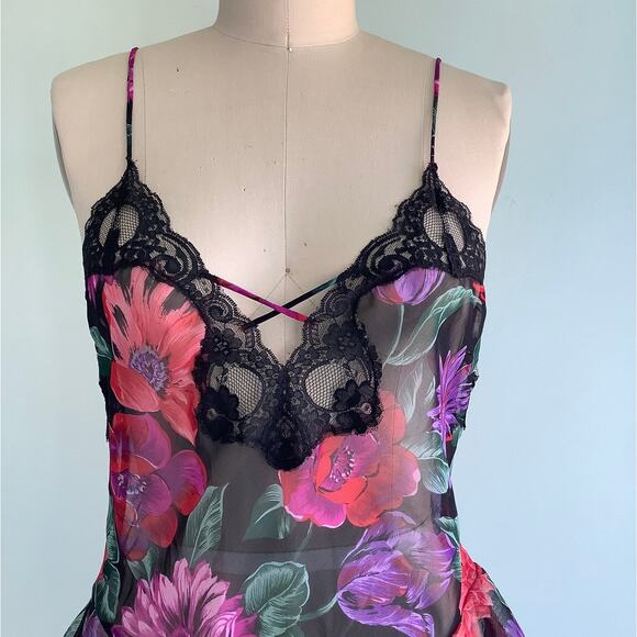 1980s Dark Floral Sheer Teddy & Bed Jacket Lucie Ann II Vintage Lingerie - Picture 2 of 9